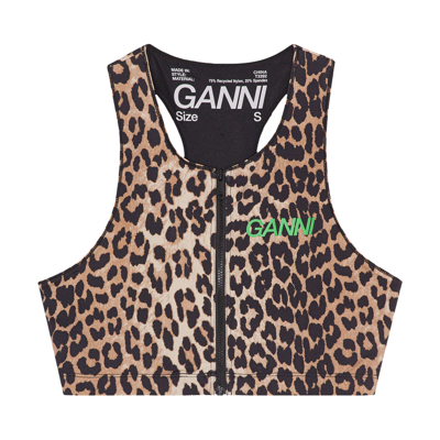 Pre-owned Ganni Active Racerback Zipper Top 'leopard' In Brown
