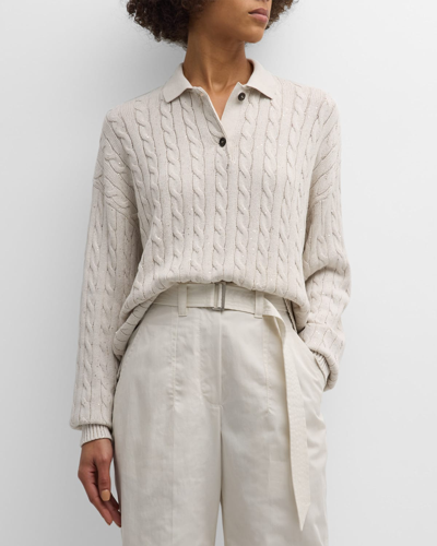 Shop Brunello Cucinelli Cotton Diamante Cable Knit Polo Sweater In Cj430 Oat