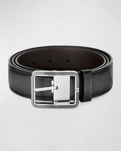 Shop Montblanc Men's Rectangle-buckle Grained Leather Belt, 35mm In Grey