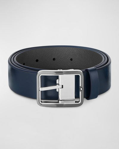Shop Montblanc Men's Rectangle-buckle Reversible Leather Belt, 35mm In Blue