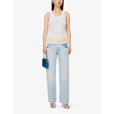 Shop Stella Mccartney Women's Light Blue Mix Fabric Contrast-panel Side-stripe Straight-leg Jeans