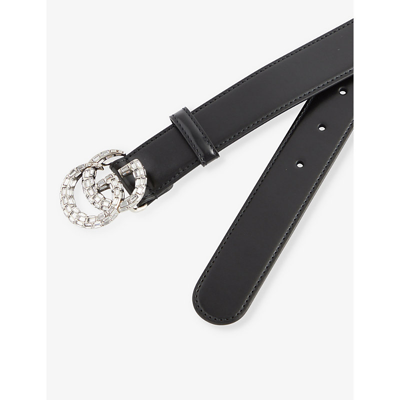 Shop Gucci Women's Black Crystal Logo-buckle Leather Belt