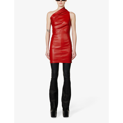 Shop Rick Owens Women's Cardinal Red Asymmetric-neck Slim-fit Leather Mini Dress