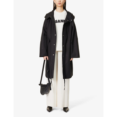 Shop Jil Sander Women's Black Logo-print Drawstring-hood Cotton Coat