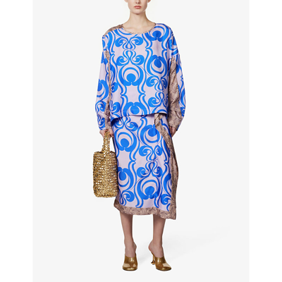 Shop Dries Van Noten Abstract-pattern Relaxed-fit Silk Top In Blue
