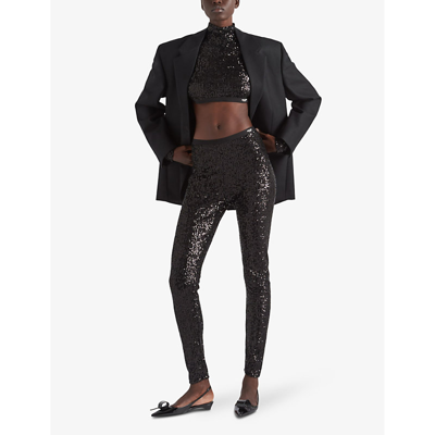 Shop Prada Sequin-embellished Slim-leg High-rise Woven Trousers In Black