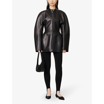 Shop Jil Sander Women's Black Cinched-waist Zipped-pocket Leather Jacket