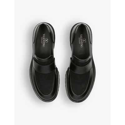 Shop Valentino Garavani Men's Black Logo-embellished Leather Loafers