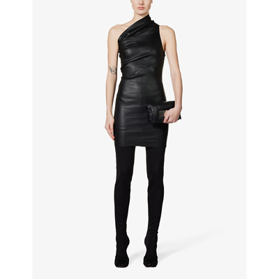 Shop Rick Owens Women's Black Asymmetric-neck Slim-fit Leather Mini Dress
