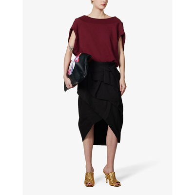 Shop Dries Van Noten Womens Black Draped Curved-hem Linen And Cotton-blend Midi Skirt