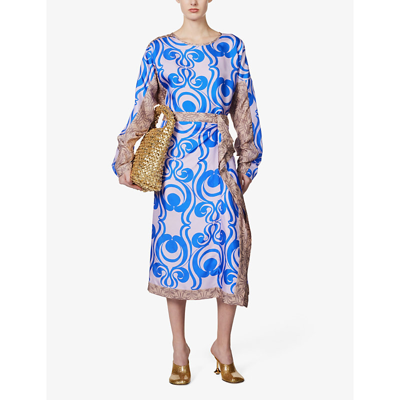 Shop Dries Van Noten Abstract-pattern High-rise Silk Midi Skirt In Blue