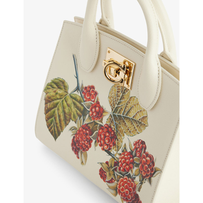 Shop Ferragamo Studio Box Berry-print Leather Top-handle Bag In Mascarpone