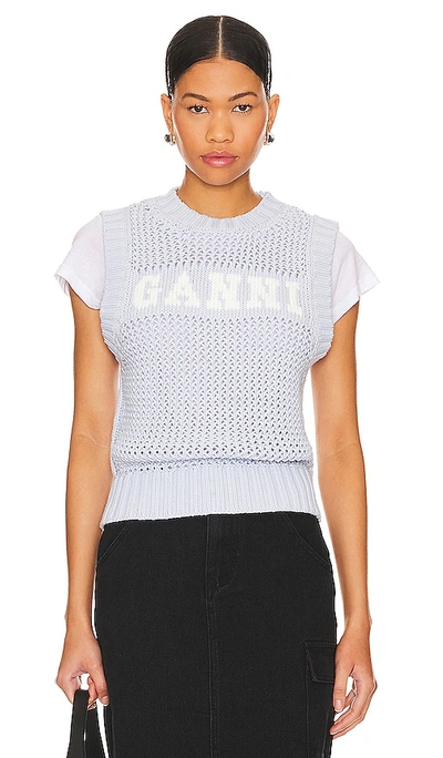 Ganni Textured Knit Vest With Statement Logo And Comfortable Fit In Baby Blue