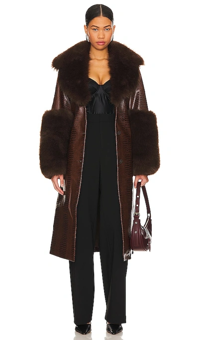 Shop Ow Collection Astrid Faux Fur Coat In Æ£•è‰²