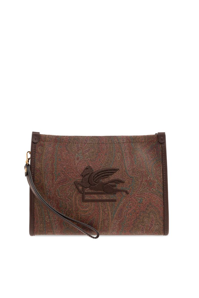 Shop Etro Paisley Jacquard Zipped Clutch Bag In Brown