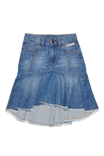 Shop Marni Kids Logo Patch Asymmetric Denim Skirt In Blue