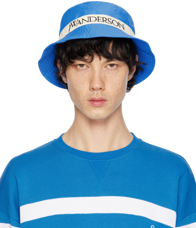 Shop Jw Anderson Blue Logo Bucket Hat In 856 Blue/white