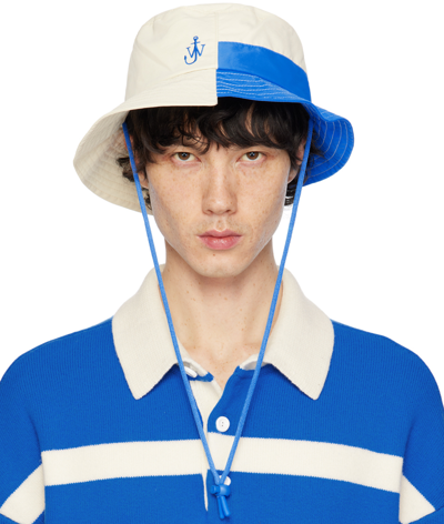 Shop Jw Anderson White & Blue Asymmetric Colorblock Bucket Hat In 23 White/blue