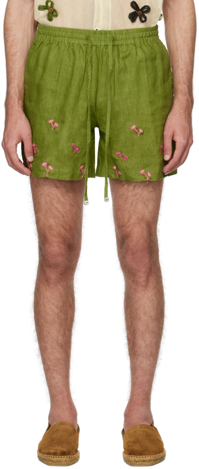 Shop Harago Green Embroidered Shorts