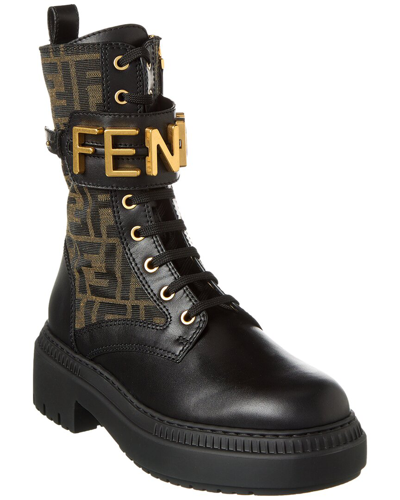 Shop Fendi Graphy Ff & Leather Biker Boot In Brown