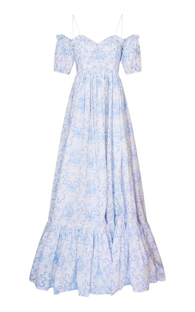 Shop Loveshackfancy Tabithea Printed Off-shoulder Cotton Gown In Light Blue