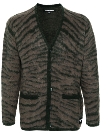Shop Neighborhood Brown Tiger-intarsia V-neck Cardigan - Men's - Nylon/wool/acrylic/mohair In Green