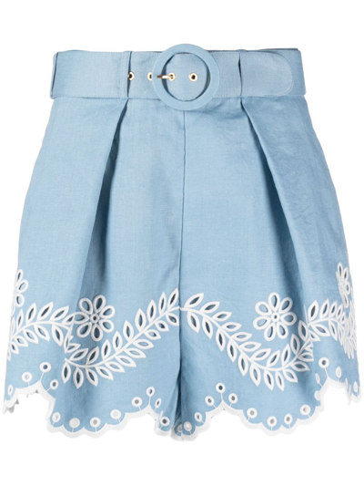 Shop Zimmermann Blue Junie Embroidered Linen Shorts