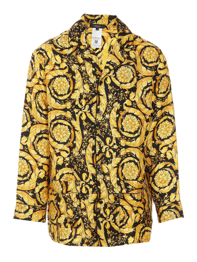 Shop Versace Barocco Logo Printed Silk Shirt In Dorado