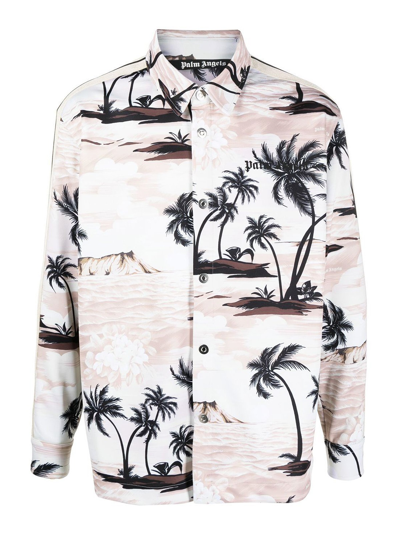 Shop Palm Angels Palm-print Long-sleeved Shirt In Beige