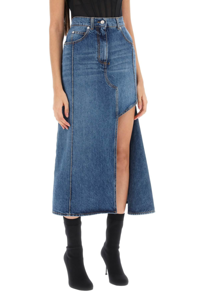 Shop Alexander Mcqueen Denim Skirt With Cut Out