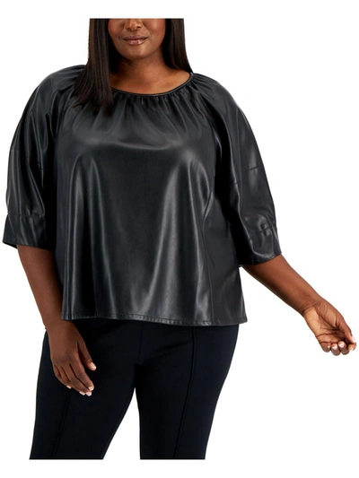 Shop Calvin Klein Plus Womens Faux Leather Elbow Sleeve Blouse In Black