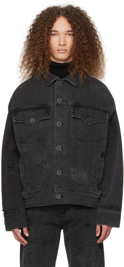 Shop Balmain Black Distressed Denim Jacket In 0pc Noir Dã‰lavã‰