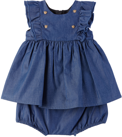 Shop Versace Baby Blue Ruffle Dress & Bloomers Set In Blue Light Denim
