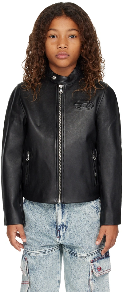 Shop Diesel Kids Black Embossed Leather Jacket In K900