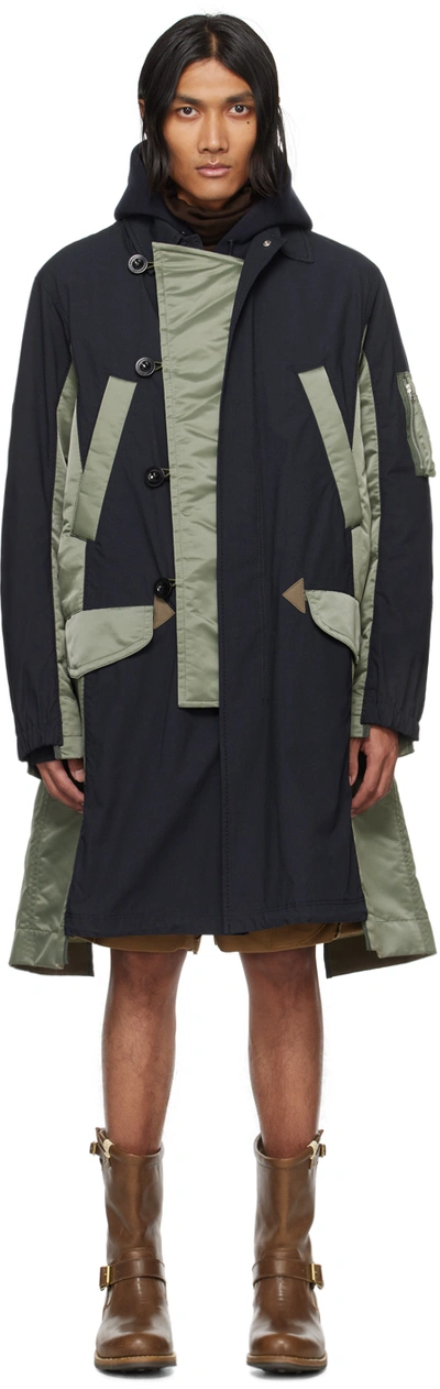 Shop Sacai Navy & Khaki Paneled Coat In 212 Navyxkhaki