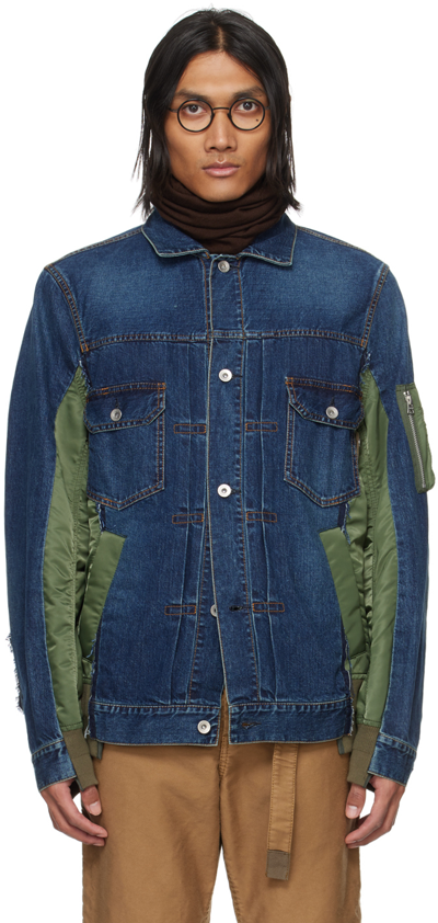Shop Sacai Blue & Green Paneled Denim Jacket In 401 Blue