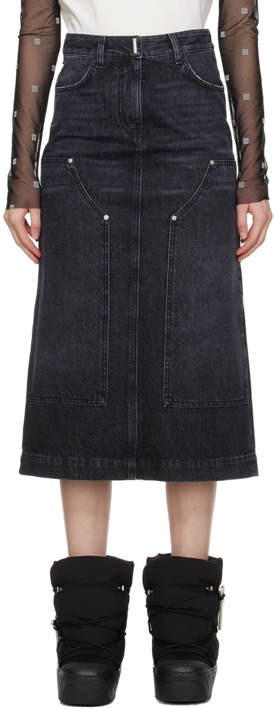Shop Givenchy Black Reinforced Panel Denim Midi Skirt In 011-faded Black