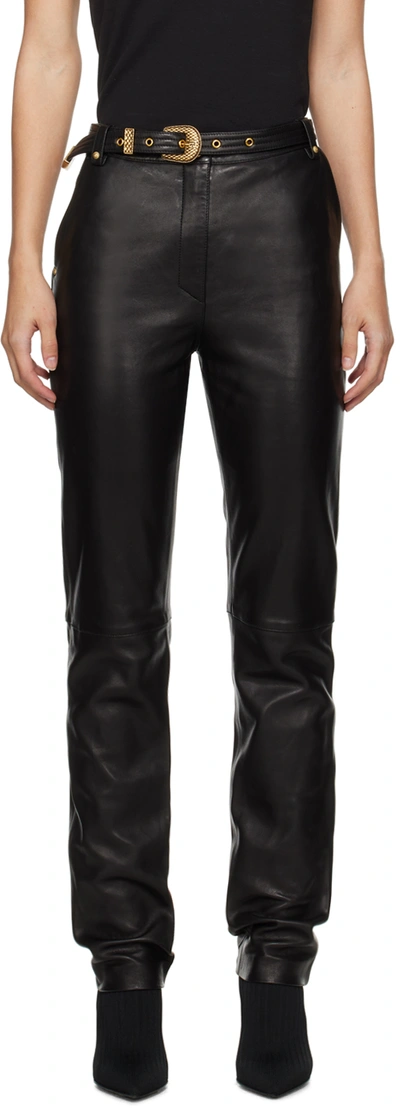 Shop Balmain Black Belted Leather Trousers In 0pa Noir