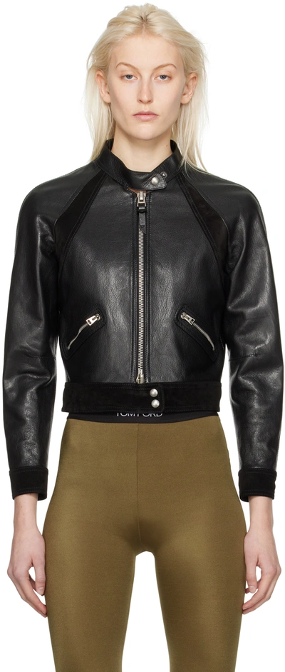 Tom Ford Leather & Suede Zipped Crop Biker Jacket In Lb999 Black
