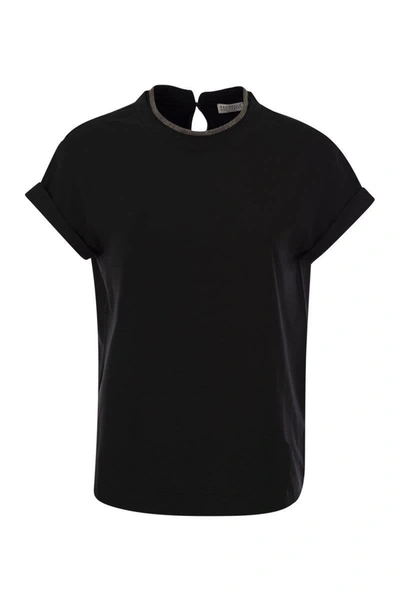 Shop Brunello Cucinelli Stretch Cotton Jersey T-shirt With Precious Faux-layering In Black
