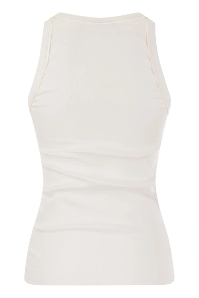 Shop Brunello Cucinelli Stretch Cotton Rib Jersey Top With Satin Trims In White
