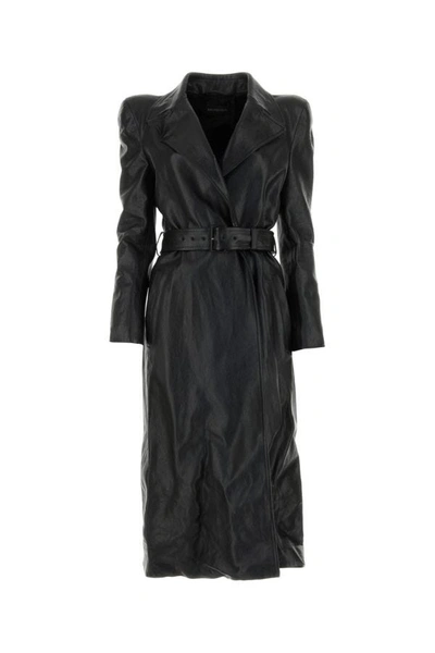 Shop Balenciaga Woman Black Leather Trench Coat