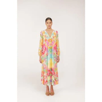Shop Inoa Marigold Siena V Neck Midi Dress Col: Bright Multi