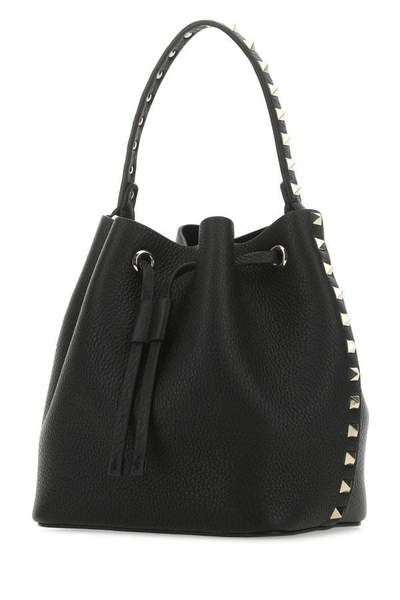 Shop Valentino Garavani Woman Black Leather Rockstud Bucket Bag