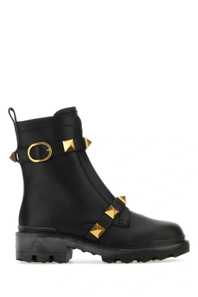Shop Valentino Garavani Woman Black Leather Roman Stud Ankle Boots