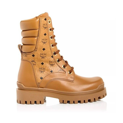 Pre-owned Mcm Women's Visetos Monogram Combat Boots Cammo Size 37 Eu