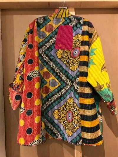Pre-owned Handmade 10 Pc Women Vintage Kantha Quilt Jacket Multi Patchwork Print Open Wear Coat In Multicolor