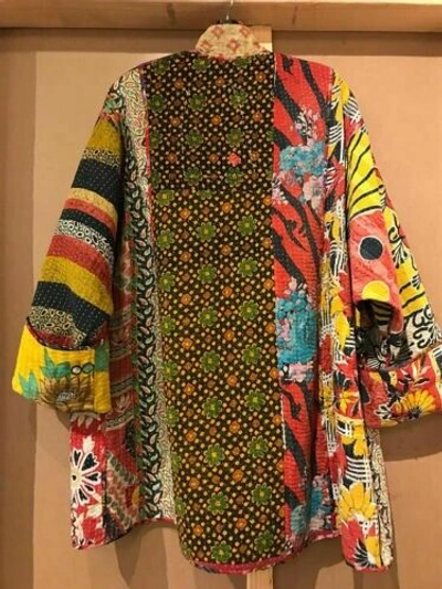 Pre-owned Handmade 10 Pc Women Vintage Kantha Quilt Jacket Multi Patchwork Print Open Wear Coat In Multicolor