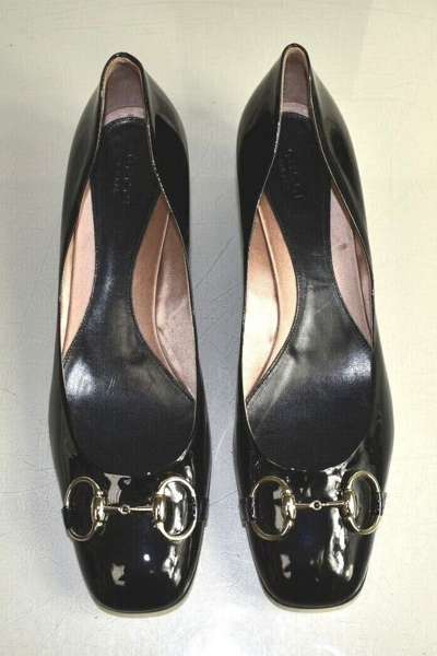 Pre-owned Gucci Patent Leather Horsebit Block Heel Pump Black Gold Square Toe Shoes 11