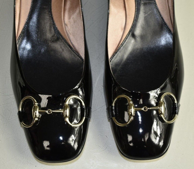 Pre-owned Gucci Patent Leather Horsebit Block Heel Pump Black Gold Square Toe Shoes 11